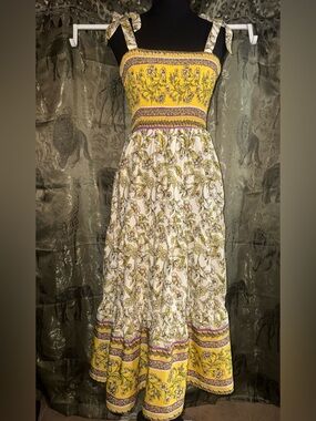 Yellow Floral Smocked Tie-Shoulder Maxi Dress